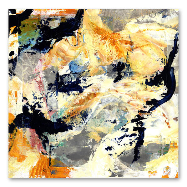 Berkley Ascent abstract mixed-media painting in yellow, white, black, orange.
