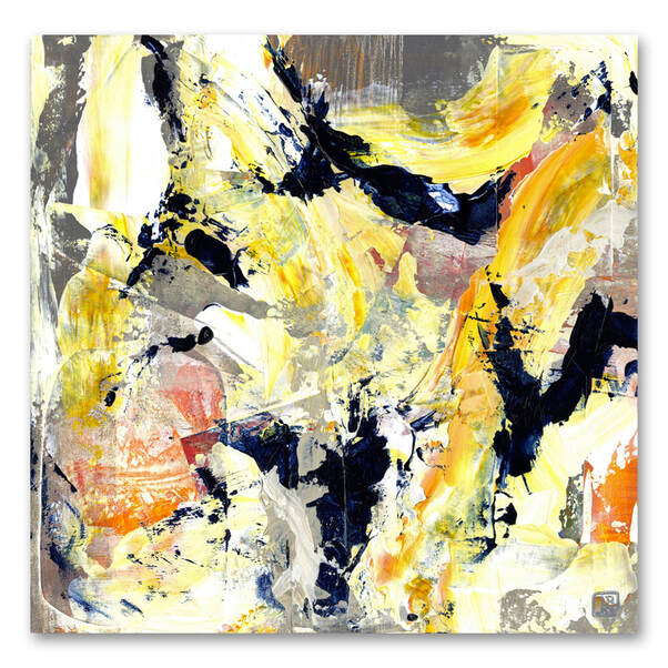 Berkley Free Flow abstract mixed-media painting in yellow, white, black, orange.