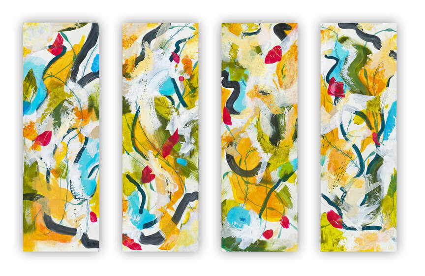 Berkley Jubilation four-panel, lively abstract painting in greens, turquoise, gold, red, black, white