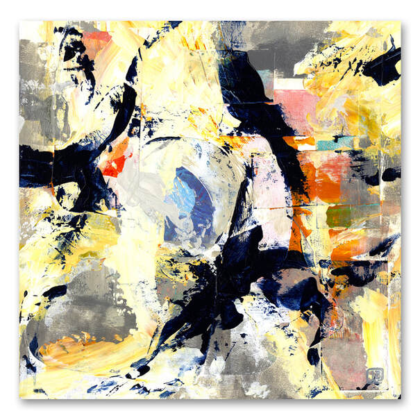 Berkley Inner Journey abstract mixed-media painting in yellow, white, black, orange.