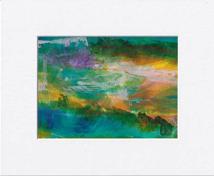 Colorful abstract landscape of oceanside sand and flora. Blues, turquoise, gold, orange, dark green and purple