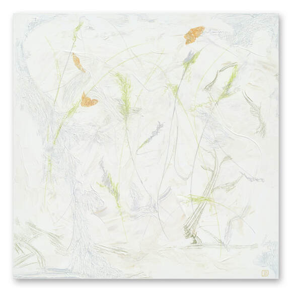 Berkley_A-Little-Jig abstract mixed-media painting of delicate grasses on white ground
