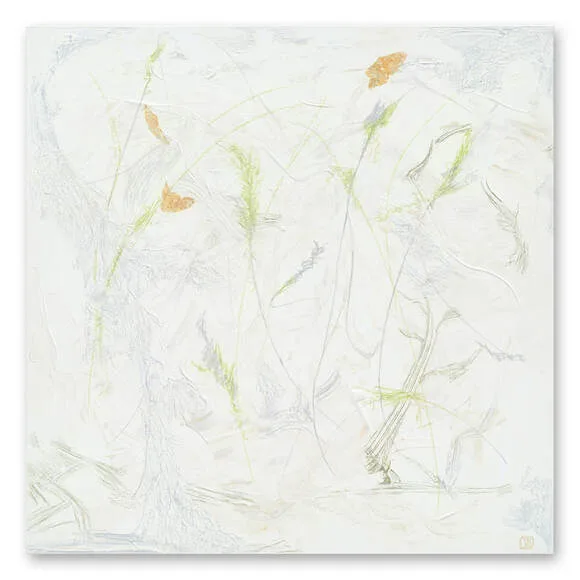 Berkley_A-Little-Jig abstract mixed-media painting of delicate grasses on white ground