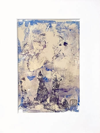 Original abstract monotype in blues, deep purple, cream with a dreamy quality and the hint of a large elephant