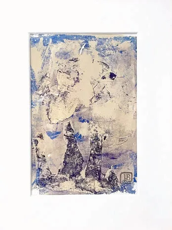 Original abstract monotype in blues, deep purple, cream with a dreamy quality and the hint of a large elephant