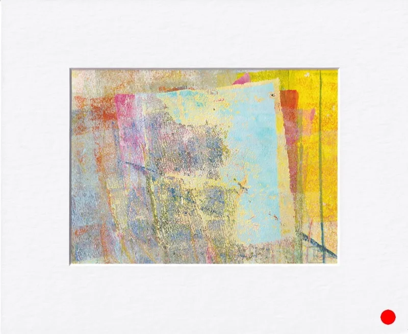 Abstract painting, a bit geometric, in golds, blues, reds, grays reminding of window with blue sky