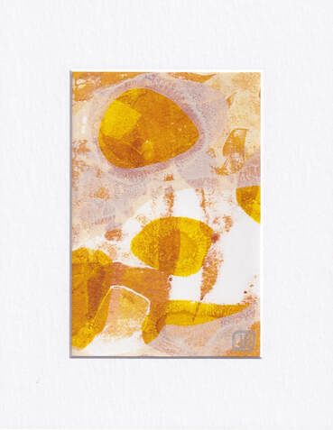 Original abstract monotype in yellow gold and cream with implied image of maned lion under the sun