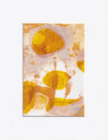 Original abstract monotype in yellow gold and cream with implied image of maned lion under the sun