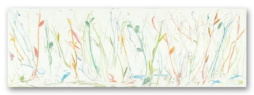 Horizontal painting of colorful meadow grasses against a white background. 