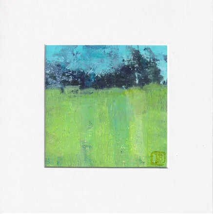 Abstract landscape by Berkley of green field with dark blue trees in distance and light blue sky. Image is watery like seen through a rainy window.