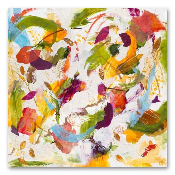 Abstract painting of floating colors and leaf-like forms in red, yellow, gold, purple, green against a white ground. Swishes of light blue swoop through representing breath