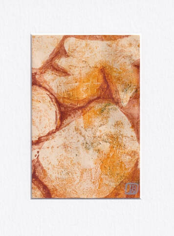 Original abstract monotype in rust, orange, cream with boulder-like shapes