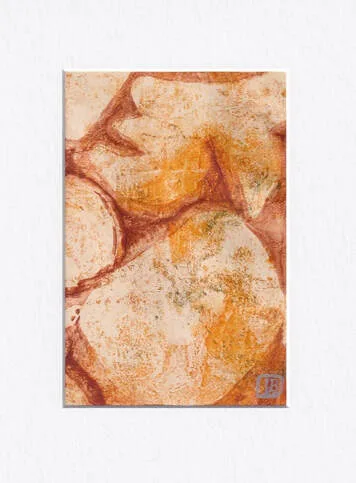 Original abstract monotype in rust, orange, cream with boulder-like shapes