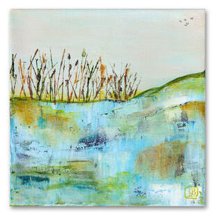 Abstract landscape of grasses on edge of field in icy blue, gold, greens, white with a pale sky and several birds flying in the distance
