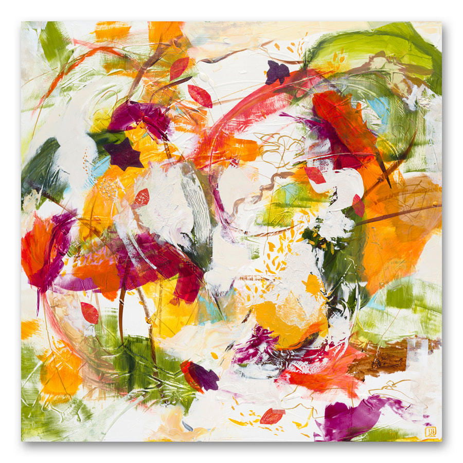 Abstract painting of swirling colors against white with leaflike forms included. Red, orange, green, yellow, gold, purple and bits of light blue and tan. There is a small stair-like structure in the middle