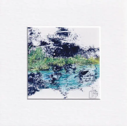 Abstract mixed media painting in deep blue, green and turquoise of Assabet river shoreline with vegetation along the edge