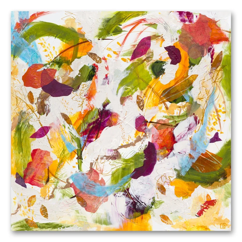 Abstract painting of floating colors and leaf-like forms in red, yellow, gold, purple, green against a white ground. Swishes of light blue swoop through representing breath