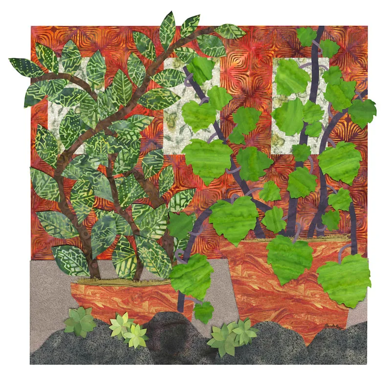 Textile collage of 2 potted plants with green leaves rising up over clay pots. Windows behind the plants, and grey stones and succulents in front of the pots. Highly textured.