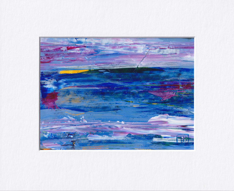 Abstract blue & pink striated ocean scene with lightening strike on the horizon