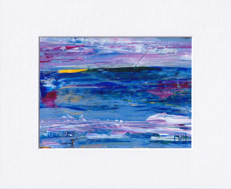 Abstract blue & pink striated ocean scene with lightening strike on the horizon