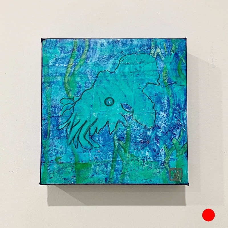 Ocean Friend small acrylic monotype print blue, turquoise and green