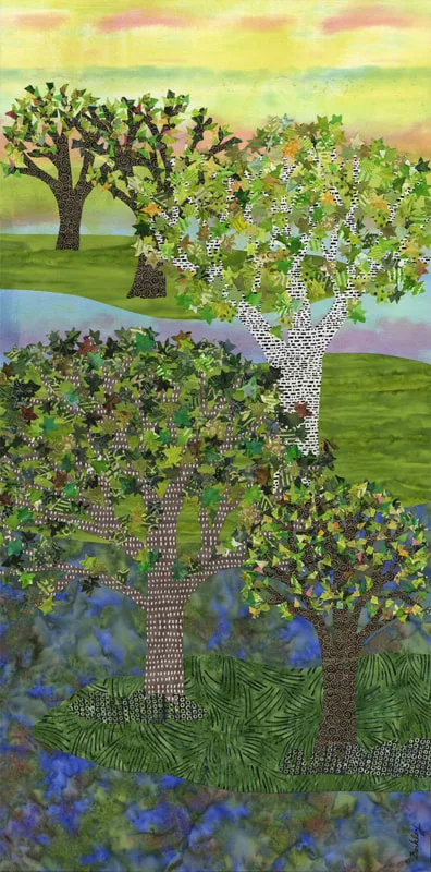 River Clouds textile collage -- 5 trees with delicately cut fabric leaves line a curving river of watercolor fabric.