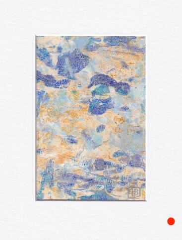 Original abstract monotype in blues, lavender, gold, tan