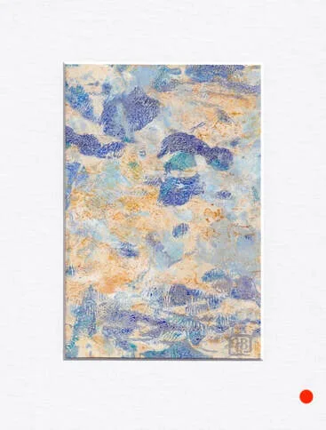 Original abstract monotype in blues, lavender, gold, tan