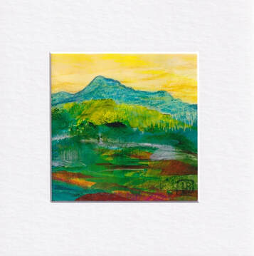 Abstract landscape of mountain in the distance and fields in front, with dark hole for an animal burrow